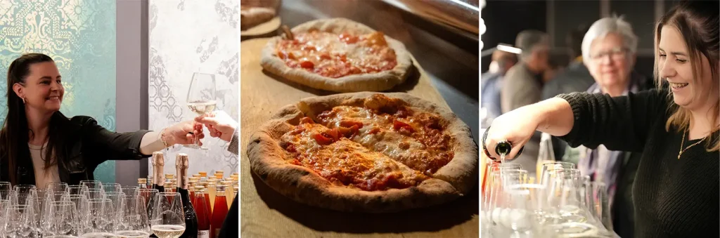 Collage aus drei Bildern von Essen und Getränken