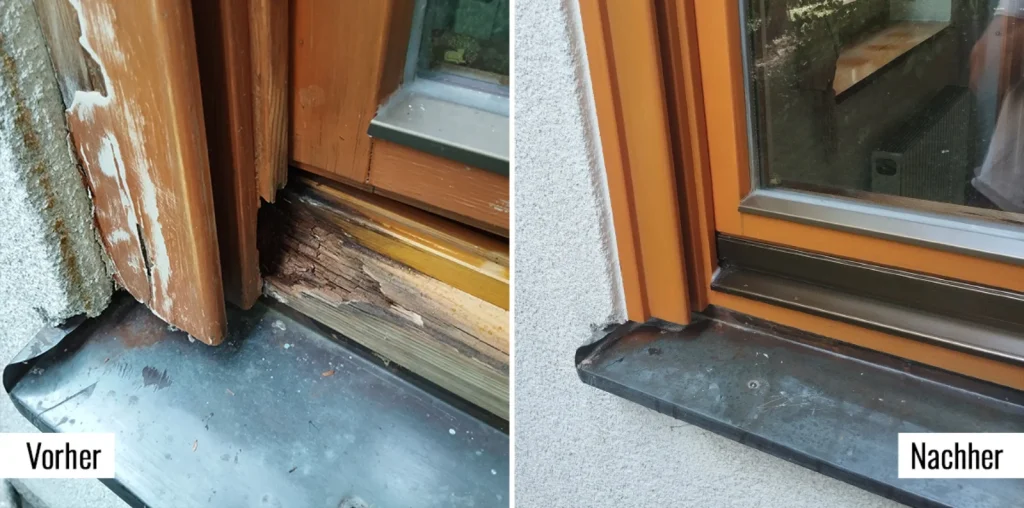 Vorher nachher Bild eines Fensters mit Hagelschaden