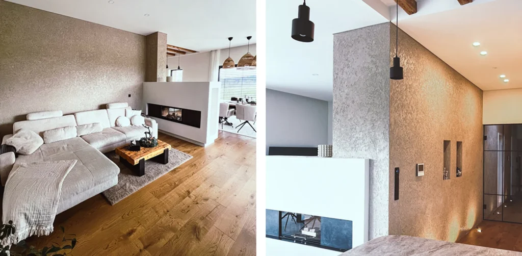 Wohnzimmer aus zwei Perspektiven, mit grauen Strukturierten atmenden Wänden