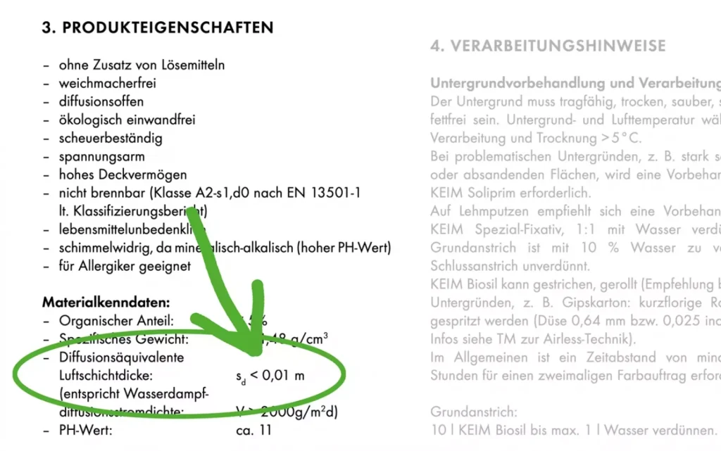 Produkteigenschaften aufgelistet, technisches Merkblatt