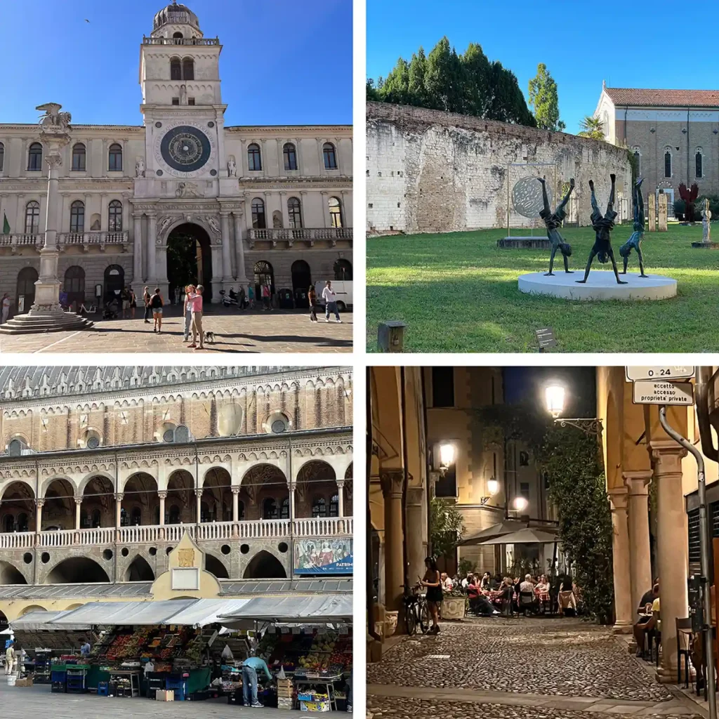 Collage aus vier Bildern von Sehenswürdigkeiten aus Padua