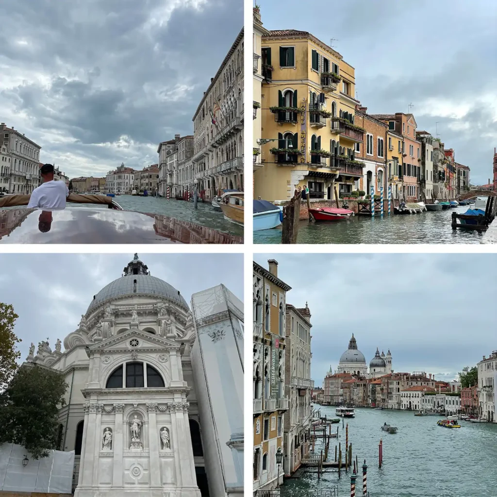 Collage aus vier Bildern von der Stadt Venedig