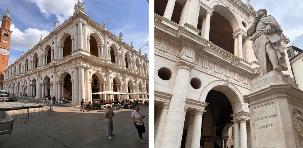 Collage aus zwei Bildern von Gebäuden und der Stadt Vicenza